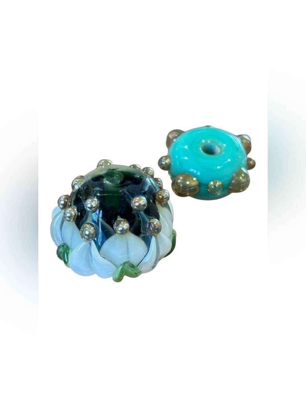 VTG 2PC LAMPWORK BEADS ONE MELON SHAPE W LEAF & BOTH W SILVER POINT ACCENTS